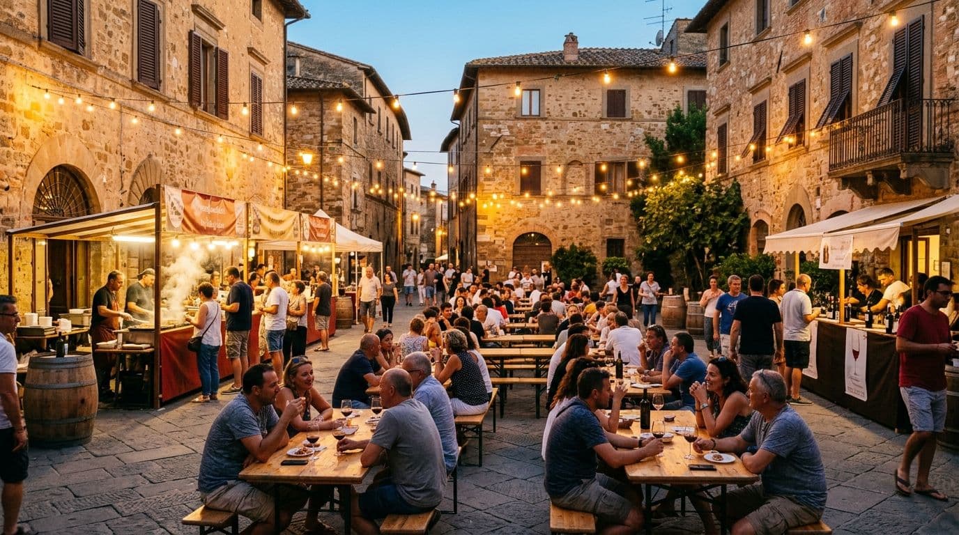 Evento serale in una piazza toscana con luci e tavoli