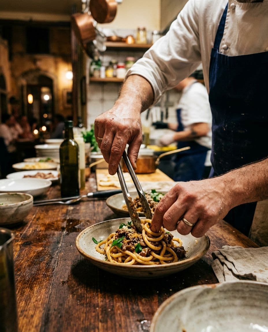 Piatto di pici al ragù impiattato da uno chef